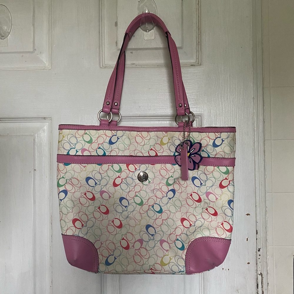 Pink Multicolor Coach Shoulder Bag (Pre-Owned) With Bag Charm